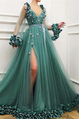 Gorgeous Green Long-Sleeves Tulle Side-Slit A-Line Prom Party Gowns