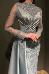 Gorgeous Grey Long Sleeves Jewel Mermaid Stretch Satin Evening Prom Dresses with Appliques