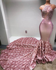 Gorgeous Halter Mermaid Pink Prom Party GownsLace With 3D-Floral Flowers Bottom