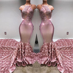 Gorgeous Halter Mermaid Pink Prom Party GownsLace With 3D-Floral Flowers Bottom