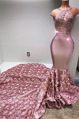 Gorgeous Halter Mermaid Pink Prom Party GownsLace With 3D-Floral Flowers Bottom