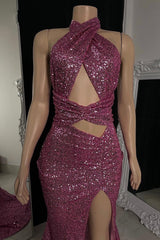 Gorgeous Halter Pink Prom Dress Sequins Sleeveless Long With Split