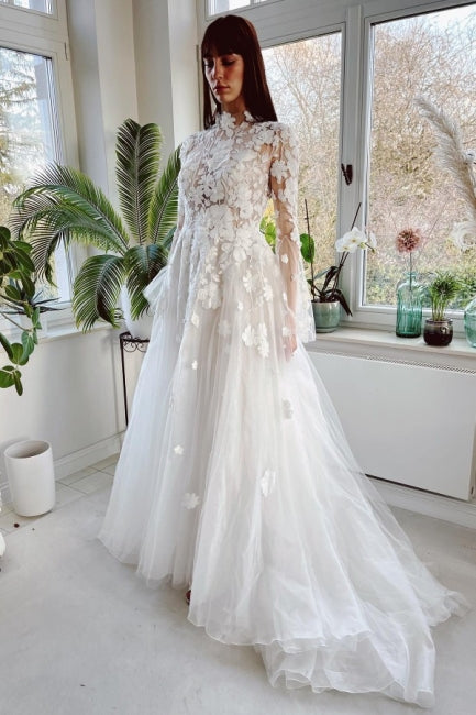 Gorgeous High Collar Long Sleeves A-Line Lace Wedding Dresses with Chapel Train