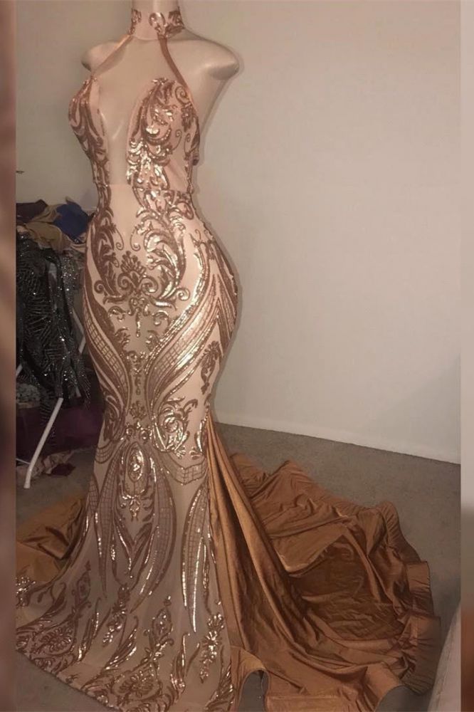 Gorgeous High neck Golden Mermaid Long Prom Party GownsReal Model Series