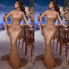 Gorgeous Hign-Neck One-Shoulder Sequins Mermaid Evening Gown