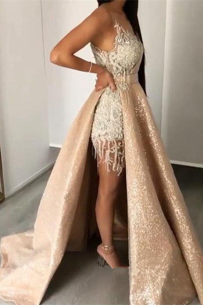 Gorgeous Lace Appliques Crystal V-neck Spaghetti Straps Prom Dresses With Detachable Skirt