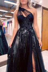 Gorgeous Long Black One Shoulder A-line Lace Prom Dress Split Online