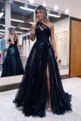 Gorgeous Long Black One Shoulder A-line Lace Prom Dress Split Online