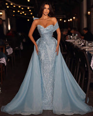 Gorgeous Long Blue A-line Off-the-shoulder Sleeveless Sequined Prom Dress With Detachable Train