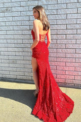 Gorgeous Long Red One Shoulder Graduation Dresses Glitter Lace Prom Dresses With Split Online