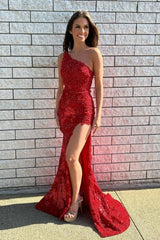 Gorgeous Long Red One Shoulder Graduation Dresses Glitter Lace Prom Dresses With Split Online