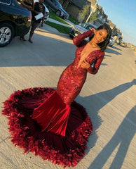 Gorgeous Long Sleeves Burgundy Lace Sequins Prom Dress Mermaid With Feather