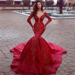 Gorgeous Long Sleevess Mermaid Evening Dresses with Train Hot Backless Lace Crystal Prom Dresses