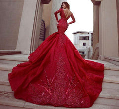 Gorgeous Long Sleevess Mermaid Evening Dresses with Train Hot Backless Lace Crystal Prom Dresses