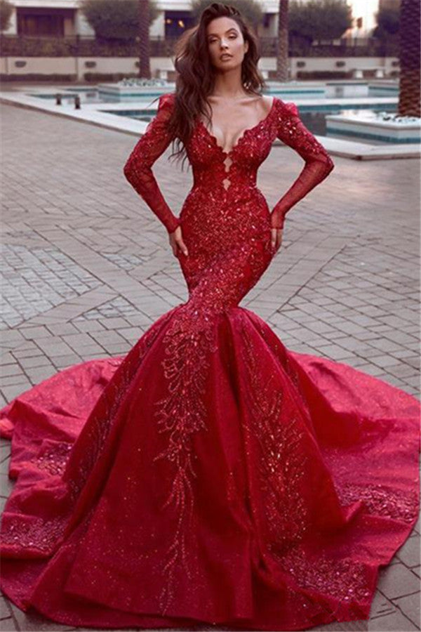 Gorgeous Long Sleevess Mermaid Evening Dresses with Train Hot Backless Lace Crystal Prom Dresses