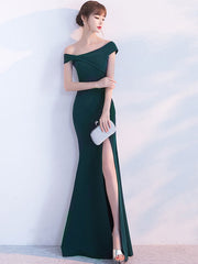 Gorgeous Mermaid Homecoming Dress Oblique Short Sleeve Long Evening Dresses Dark Green Split Occasion Dresses With Train