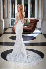 Gorgeous Mermaid Lace Backless Appliques Wedding Dresses With Long Sleeves V-Neck