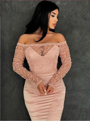 Gorgeous Mermaid Off-the-Shoulder Prom Gowns Long Sleeves Lace Evening Dresses