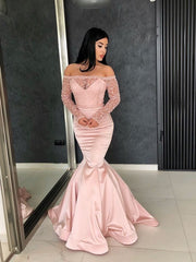 Gorgeous Mermaid Off-the-Shoulder Prom Gowns Long Sleeves Lace Evening Dresses