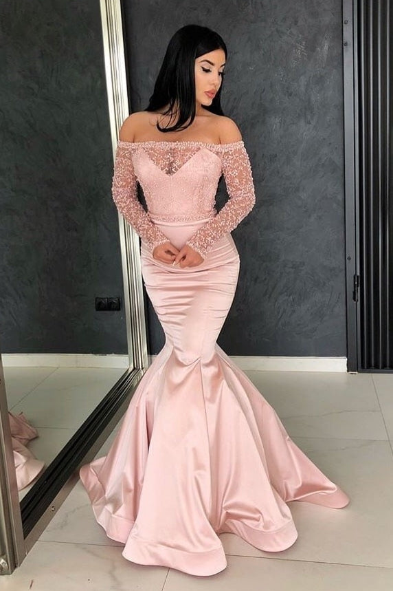 Gorgeous Mermaid Off-the-Shoulder Prom Gowns Long Sleeves Lace Evening Dresses