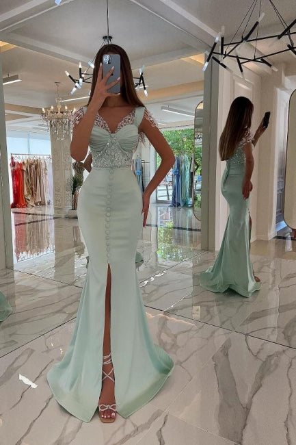 Gorgeous Mint Sequins Prom Dress Straps Long Mermaid Holiday Dress With Slit