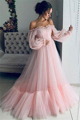 Gorgeous Off-The-Shoulder Long-Sleeves Sheer-Tulle A-Line Prom Party Gowns