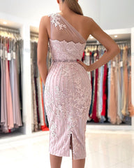 Gorgeous One Shoulder Lace Sheath Prom Dress Online With Crystal