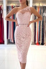 Gorgeous One Shoulder Lace Sheath Prom Dress Online With Crystal
