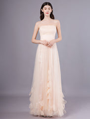 Gorgeous Peach Strapless evening dress A Line Flower Tulle Floor Length Homecoming Dress