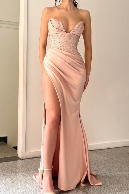 Gorgeous Peach V-neck Mermaid Graduation Dresses Long Fabulous Prom Dresses With Split Online