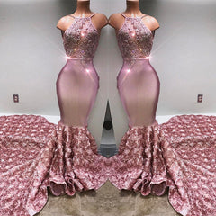 Gorgeous Pink Flowers Mermaid Halter Sleeveless Evening Gown