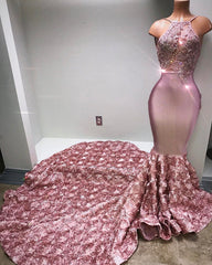 Gorgeous Pink Flowers Mermaid Halter Sleeveless Evening Gown