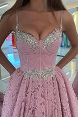 Gorgeous Pink Spaghetti-Straps Prom Dress Lace Holiday Dress Long