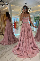 Gorgeous Pink Spaghetti-Straps Prom Dress Lace Holiday Dress Long