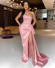 Gorgeous Pink Strapless Pleated Prom Dress Mermaid Long With Slit