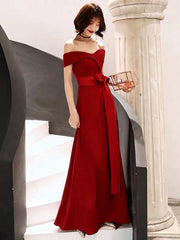 Gorgeous Red Evening Dress  Off Shoulder Floor Length Satin Sash Social Prom Party Dresses