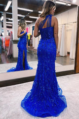 Gorgeous Royal Blue One Shoulder Mermaid Lace Prom Dress Split Online