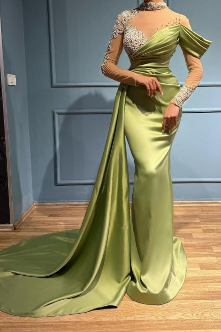 Gorgeous Sage Green High Neck Prom Dress Mermaid Long Sleeves