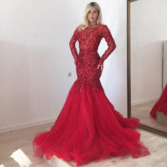 Gorgeous Scarlet Long Sleevess Mermaid Prom Dresses Sparkle Sequins Fit and Flare Formal Dresses