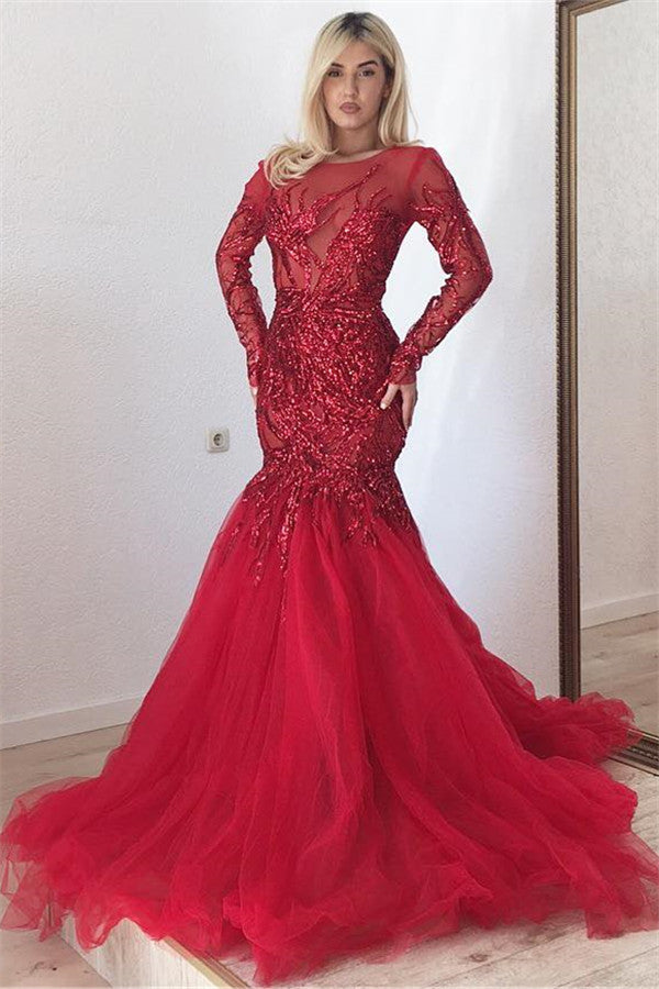 Gorgeous Scarlet Long Sleevess Mermaid Prom Dresses Sparkle Sequins Fit and Flare Formal Dresses