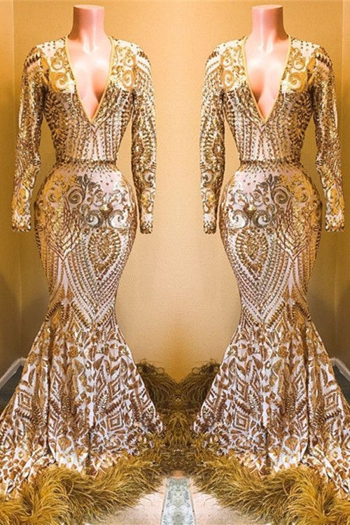 Gorgeous Sequins Long Sleevess V-neck Mermaid Prom Dresses