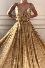 Gorgeous Sequins Spaghetti Straps Long Prom Party Gowns| Sparkle V-neck Sleeveless Gold Prom Party Gowns