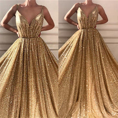 Gorgeous Sequins Spaghetti Straps Long Prom Party Gowns| Sparkle V-neck Sleeveless Gold Prom Party Gowns