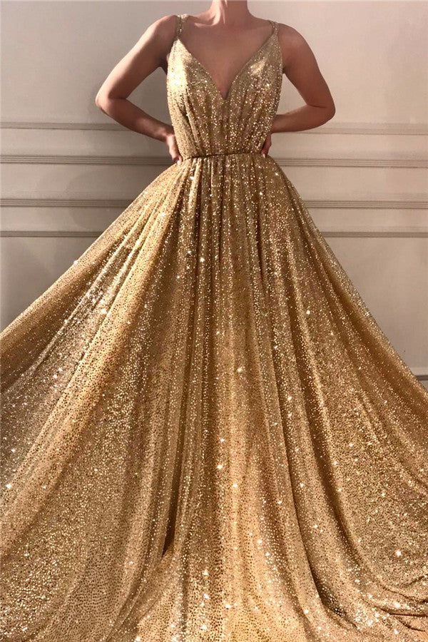 Gorgeous Sequins Spaghetti Straps Long Prom Party Gowns| Sparkle V-neck Sleeveless Gold Prom Party Gowns