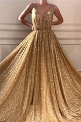 Gorgeous Sequins Spaghetti Straps Long Prom Party Gowns| Sparkle V-neck Sleeveless Gold Prom Party Gowns