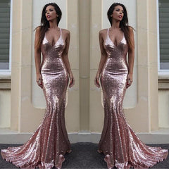 Gorgeous Sequins V-Neck Mermaid Sequins Prom Party Gowns