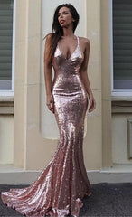 Gorgeous Sequins V-Neck Mermaid Sequins Prom Party Gowns