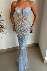 Gorgeous Sky Blue Sweetheart Pearls Prom Dress Mermaid With Beads