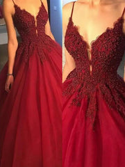 Gorgeous Spaghetti Strap Beads Prom Dresses Red Elegant Lace Puffy Ball Gown Evening Dresses