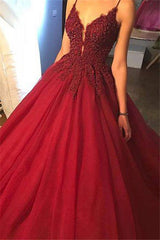 Gorgeous Spaghetti Strap Beads Prom Dresses Red Elegant Lace Puffy Ball Gown Evening Dresses